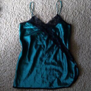 Vintage Sedu Dark Emerald Green Satin Slip Dress With Black Floral Lace Detail
